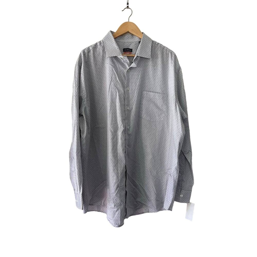 Van Heusen Men's 2XL 18-18 1/2 34/35 Button Down Dress Collared Shirt White Gray